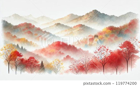 秋天的樹葉和薄霧覆蓋的山脈 119774200