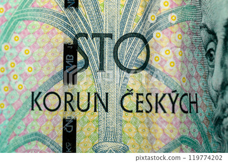 Czech koruna banknote, official currency of Czech National Bank, central bank of Czech Republic, in Prague, Czech Republic 119774202