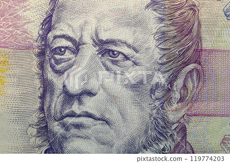 Czech koruna banknote, official currency of Czech National Bank, central bank of Czech Republic, in Prague, Czech Republic 119774203