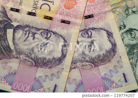 Czech koruna banknote, official currency of Czech National Bank, central bank of Czech Republic, in Prague, Czech Republic 119774207