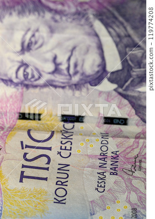Czech koruna banknote, official currency of Czech National Bank, central bank of Czech Republic, in Prague, Czech Republic 119774208