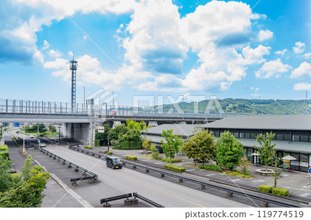 The scenery of KADODE OOIGAWA and the Shin-Tomei Expressway against a clear blue sky, Shimada City, Shizuoka Prefecture The scenery of KADODE OOIGAWA and the Shin-Tomei Expressway against a clear blue sky, Shimada City, Shizuoka Prefecture 119774519