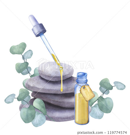Bottle cosmetic amber yellow essential oil drips on pyramid stones, eucalyptus branches. Spa massage, aromatherapy, meditation. Hand drawn watercolor illustration isolated on white background Bottle cosmetic amber yellow essential oil drips on pyramid stones, eucalyptus branches. Spa massage, aromatherapy, meditation. Hand drawn watercolor illustration isolated on white background 119774574