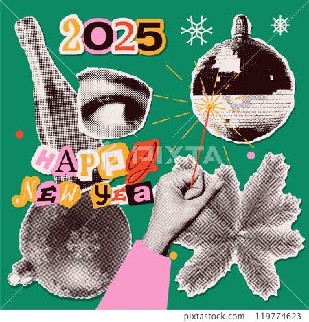 Set of Christmas festive halftone collage elements for design. Holiday toy, fir branch, xmas tree bauble, eye, hand with sparkler . Isolate paper design elements objects. Vintage vector design. 119774623