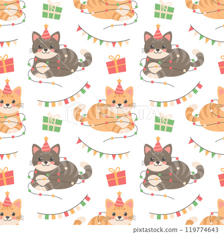 Seamless pattern with cute Christmas kittens in Santa hat, garlands, gifts and flags. Holiday illustration, background Seamless pattern with cute Christmas kittens in Santa hat, garlands, gifts and flags. Holiday illustration, background 119774643
