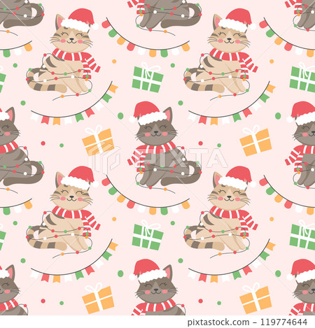 Seamless pattern with cute Christmas kittens in Santa hat, garlands, gifts and flags. Holiday illustration, background 119774644