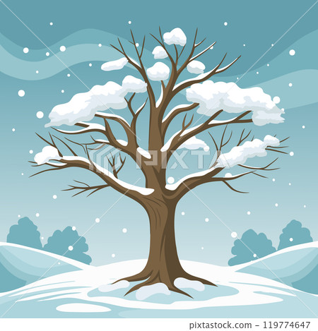 Winter tree covered with snow against the background of a winter landscape. Illustration. Winter tree covered with snow against the background of a winter landscape. Illustration. 119774647