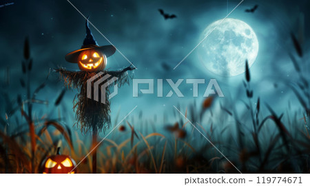 Glowing Jack-O'-Lantern Under Full Moon in Spooky Field Glowing Jack-O'-Lantern Under Full Moon in Spooky Field 119774671