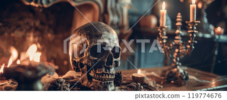 Spooky Skull and Candles on Antique Table 119774676