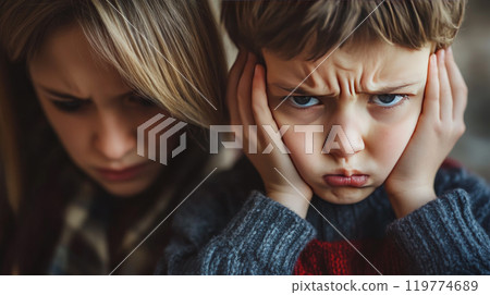 Family conflict. little boy close her ear while angry mother yelling about her stubborn 119774689