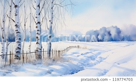 Peaceful Winter Landscape with Birch Trees and Snowy Path 119774703