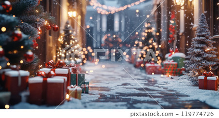 Christmas Tree with Gifts and Lights in Snowy Village Scene 119774726
