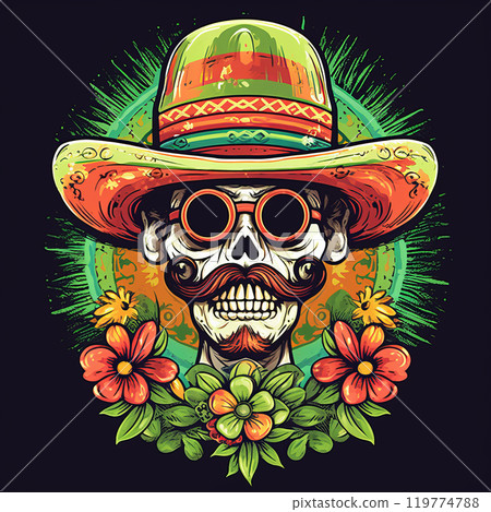 Vibrant Sugar Skull with Sombrero and Flowers 119774788