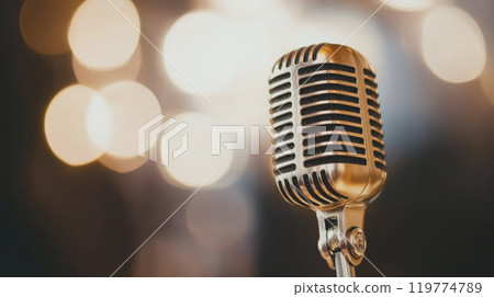 Golden Microphone with Warm Bokeh Lighting Golden Microphone with Warm Bokeh Lighting 119774789