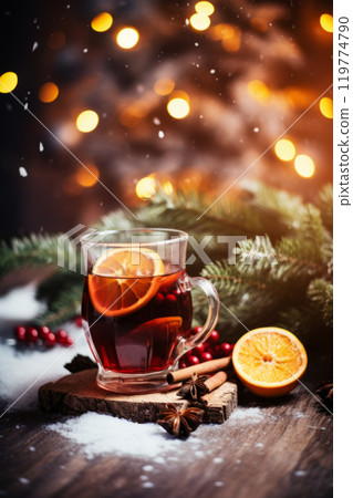Hot Mulled Wine with Orange Slice in Cozy Holiday Setting 119774790