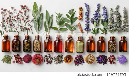 Essential Oils in Brown Bottles with Natural Botanicals 119774795