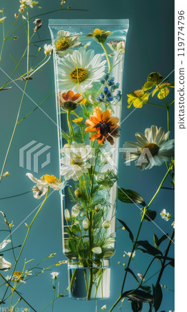 Skincare Tube with Embedded Flowers on a Blue Background 119774796