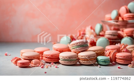 Colorful Macarons Displayed Attractively on a Table With Pastel Background and Floral Accents in Afternoon Light Colorful Macarons Displayed Attractively on a Table With Pastel Background and Floral Accents in Afternoon Light 119774862