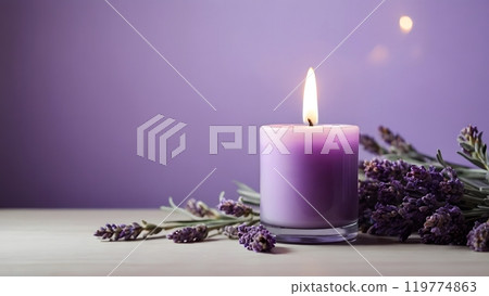 A Peaceful Lavender Candle Illuminating a Serene  119774863
