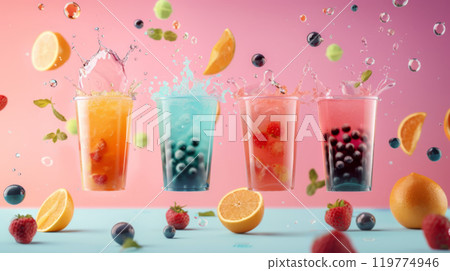 Vibrant Bubble Tea with Splashes and Fruits 119774946