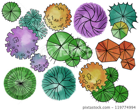 set of colored trees, hand drawing, top view. architectural ink drawing 119774994