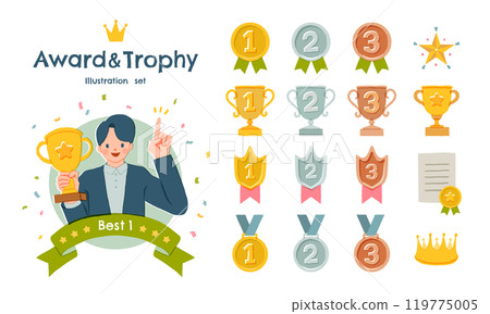 具有獲獎獎盃和排名圖示的男子插圖集 119775005