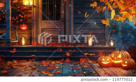 Cozy Halloween Night with Carved Pumpkins and Candles Cozy Halloween Night with Carved Pumpkins and Candles 119775022