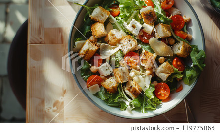 Healthy Mixed Green Salad with Croutons and Cherry Tomatoes 119775063