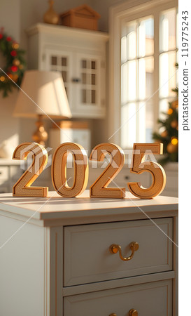Gold numerals 2025 on light colored furniture in store. Interior with cabinets and nightstands 119775243