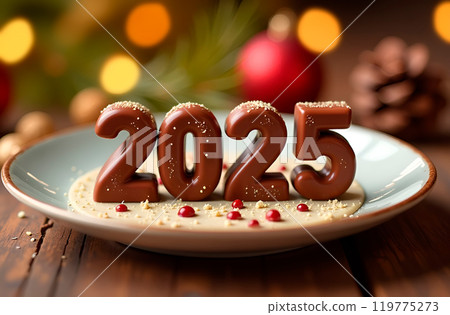 Numbers 2025 made of milk chocolate on a plate with butter cream and red berries. New Year atmosphere for confectionery store, cafe Numbers 2025 made of milk chocolate on a plate with butter cream and red berries. New Year atmosphere for confectionery store, cafe 119775273