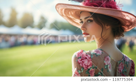 Elegant woman at horse racing event in Old Money style floral dress and hat. High society, racetrack Elegant woman at horse racing event in Old Money style floral dress and hat. High society, racetrack 119775364