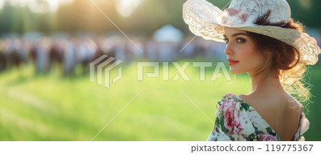 Elegant woman at horse racing event in Old Money style floral dress and hat. Wide banner, copy space Elegant woman at horse racing event in Old Money style floral dress and hat. Wide banner, copy space 119775367