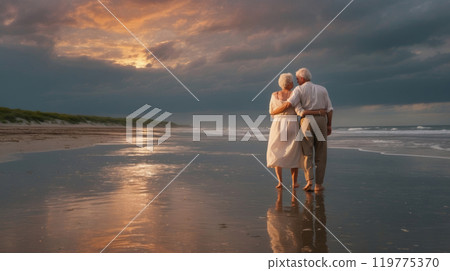 elderly couple walking at the beach 119775370