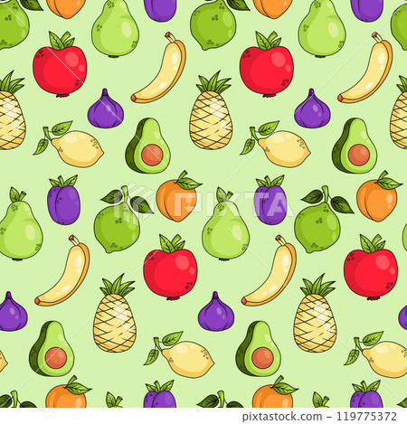 Seamless pattern with fruits tropical pineapple and banana, fig and citrus, avocado, garden apple and pear, plum and apricot on green background. Vector illustration Seamless pattern with fruits tropical pineapple and banana, fig and citrus, avocado, garden apple and pear, plum and apricot on green background. Vector illustration 119775372