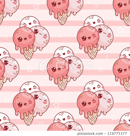 Seamless pattern with cute playful balls ice cream on striped pink background. Funny sweet dessert kawaii character. Vector illustration 119775377