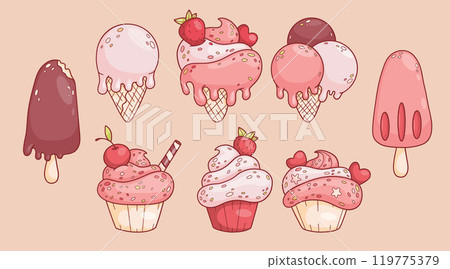 Sweets and desserts set. Ice cream ball cone and fruit and chocolate on stick, cream cupcake with strawberries, cherry, candy and hearts. Isolated funny sweet cartoon kawaii food. Vector illustration 119775379