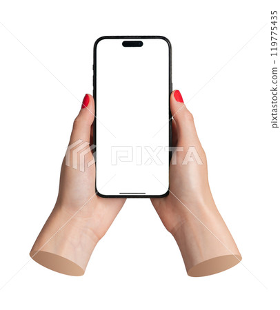 Berlin Germany July 21 2024 Closeup of a woman hand with red manicured nails, holding a smartphone 119775435