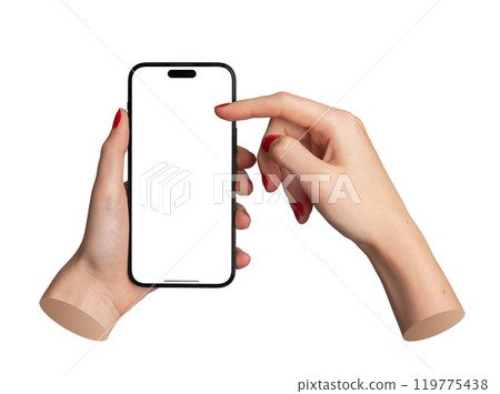 Berlin Germany July 21 2024 Womans hand holding a smartphone, finger positioned as if scrolling on Berlin Germany July 21 2024 Womans hand holding a smartphone, finger positioned as if scrolling on 119775438