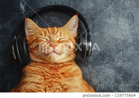 A Relaxed Cat is Enjoying Listening to Music with Headphones on a Beautifully Textured Background Scene 119775604