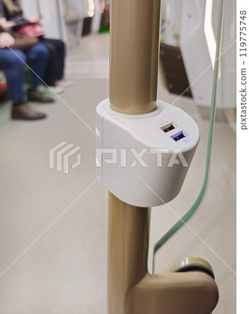 USB charging in public transport, close up. USB charging in public transport, close up. 119775748