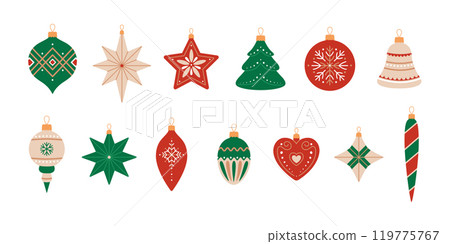 Christmas tree decorations set with different shapes: ball, star, tree, heart, bell, cone, icicle. Vintage holiday ornaments in red, green and beige colors. Xmas toys collection isolated on white Christmas tree decorations set with different shapes: ball, star, tree, heart, bell, cone, icicle. Vintage holiday ornaments in red, green and beige colors. Xmas toys collection isolated on white 119775767