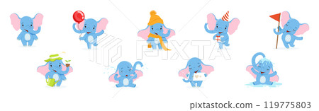 Funny Blue Elephant Character with Trunk Enjoy Activity Vector Set Funny Blue Elephant Character with Trunk Enjoy Activity Vector Set 119775803