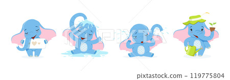 Funny Blue Elephant Character with Trunk Enjoy Activity Vector Set 119775804
