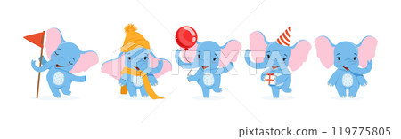 Funny Blue Elephant Character with Trunk Enjoy Activity Vector Set 119775805