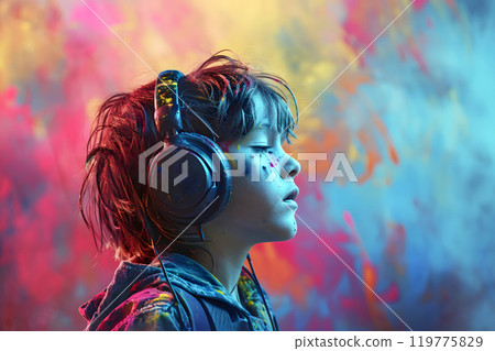 little boy with headphones listening to music 119775829