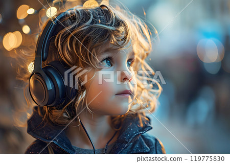 little boy with headphones listening to music 119775830