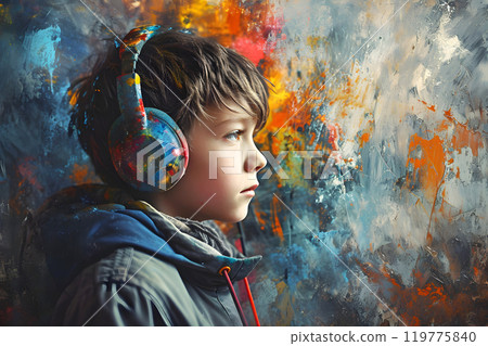 little boy with headphones listening to music 119775840
