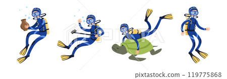 Diving Man Character in Blue Suit with Flippers Vector Set 119775868