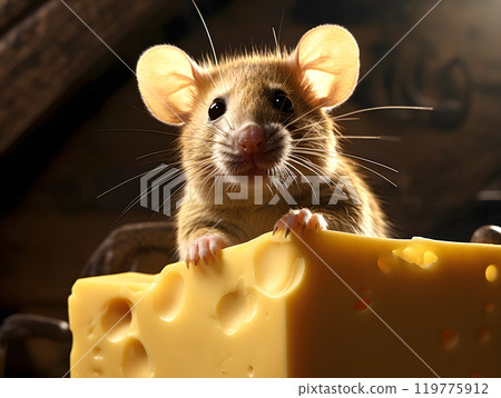 The hamster mouse gnaws and eats cheese. rodents and pests. fauna and biology 119775912