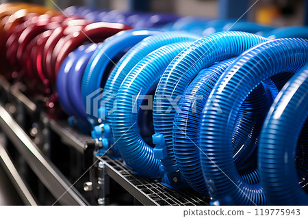 industrial products from colored plastic and rubber hoses and pipes 119775943